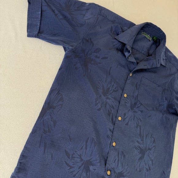 Cubavera Mens Medium Blue Tonal Tropical Hibiscus Short Sleeve Button Down Shirt - Picture 7 of 10